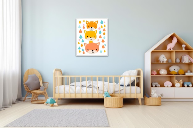 Baby's room with blue walls and white crib with teddy bear and fox on it Generative AI