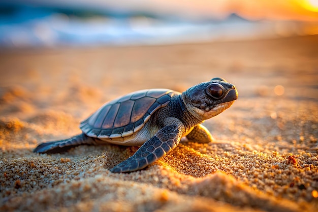 baby sea turtle on the beach at sunset with the text World Turtle World Turtle Day Background Banner