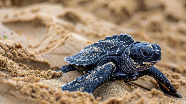 Photo baby sea turtle crawls through sand towards ocean on beach