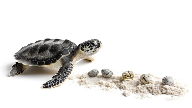 Photo a baby sea turtle heading towards the sea hatched eggs behind it