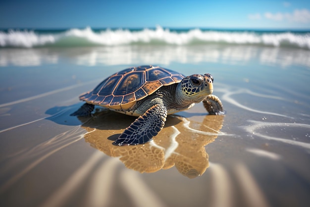 Baby sea turtle moving towards the ocean