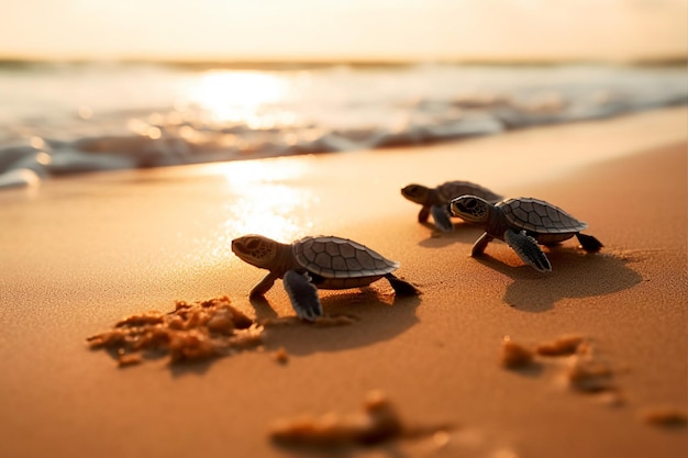 Baby sea turtles rush to the ocean AI Generative