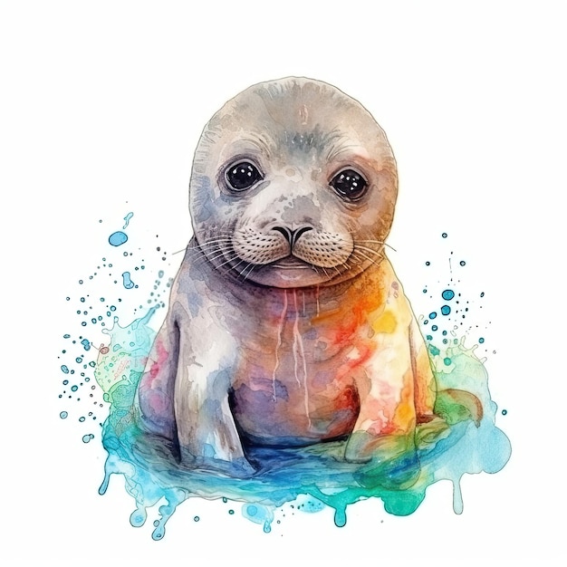 Baby Seal watercolor with ink outline on white background high detailed generative AI