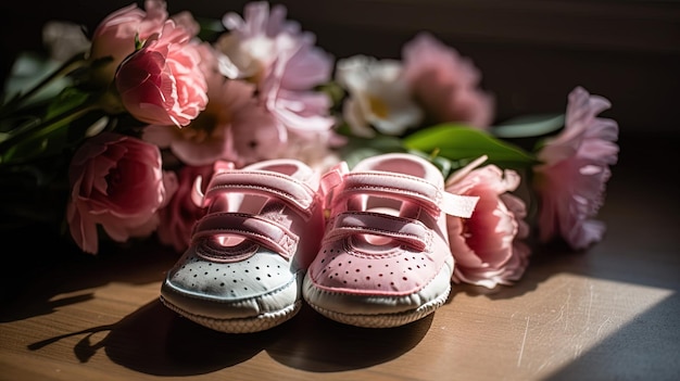 Baby shoes with flowers on the back