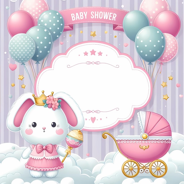 a baby shower invitation with a bunny and balloons