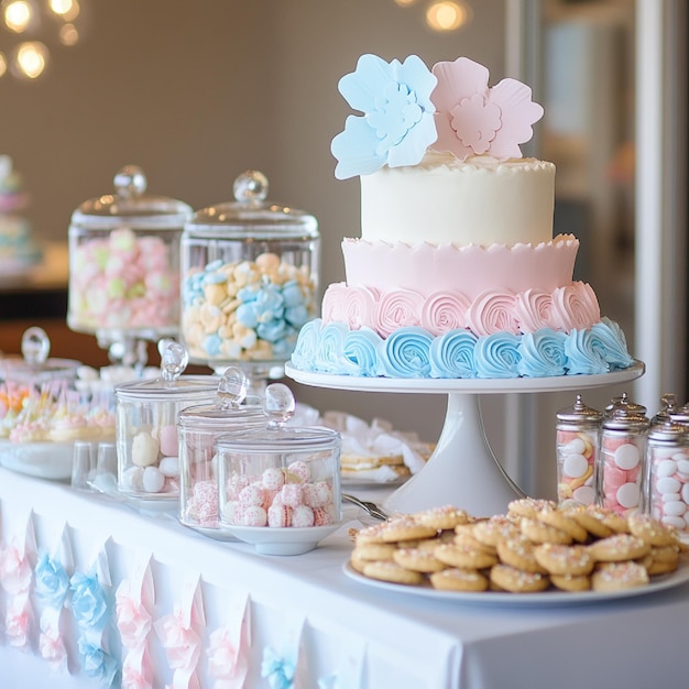 A baby shower table with a dessert spread including a cake cookies and candy jars