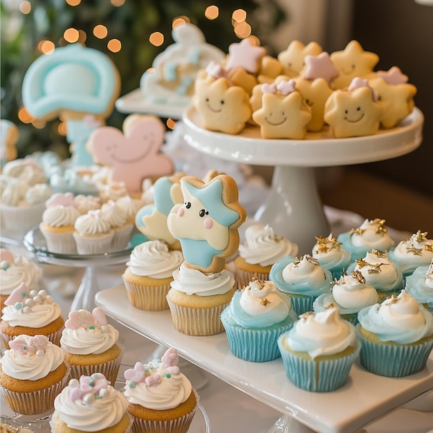 A baby shower with a dessert table featuring cupcakes cookies and themed treats