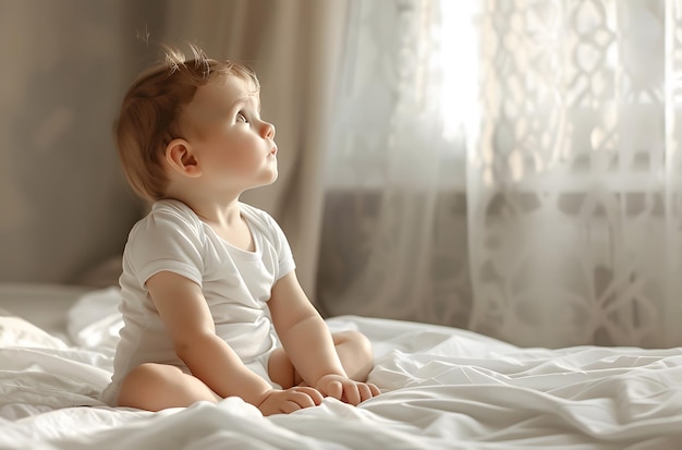 a baby sits on a bed and looks out the window