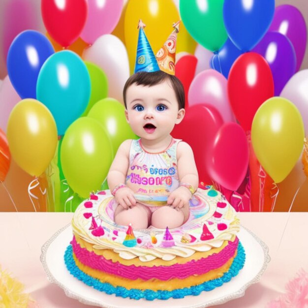 a baby sits on a birthday cake with a birthday hat on