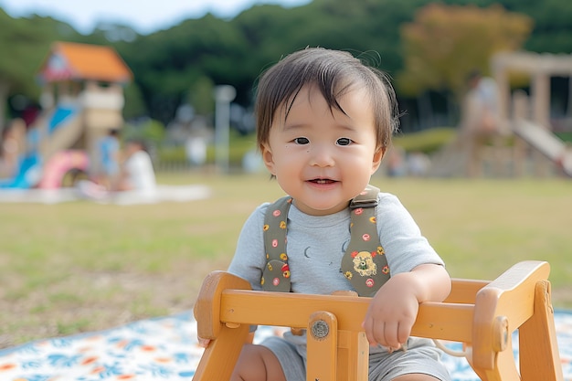 a baby sits on a blanket with a yellow bear on it