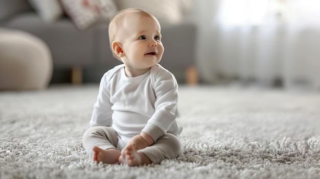 a baby sits on a carpet with a white shirt that says baby