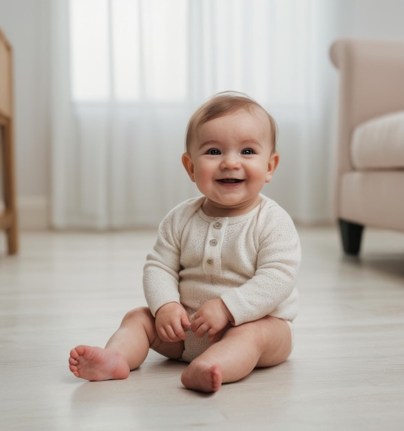 a baby sits on the floor in front of a couch