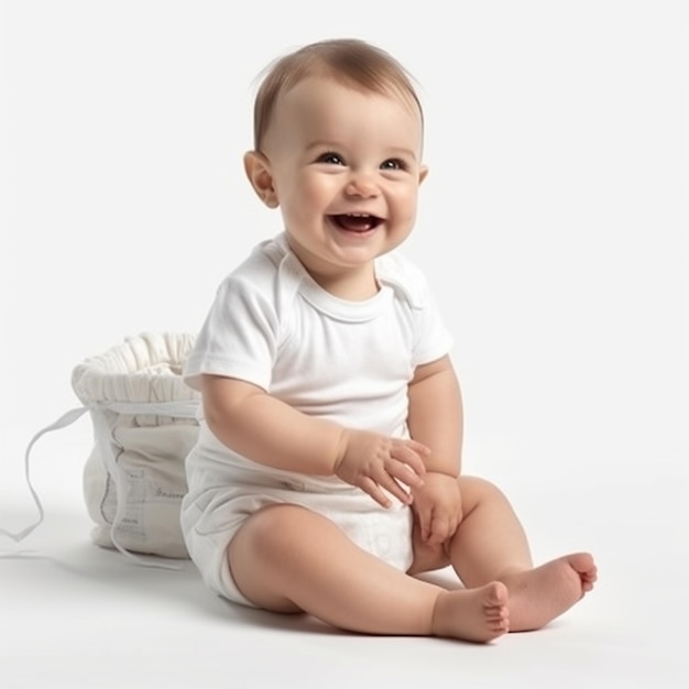 A baby sits on the floor and smiles at the camera.