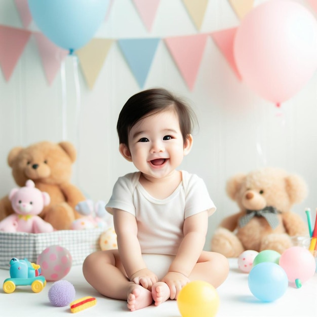 a baby sits in front of a bunch of stuffed animals