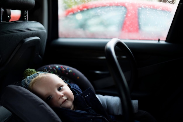 Baby sitting in a car in a carrier photo with depth of field child safety concept