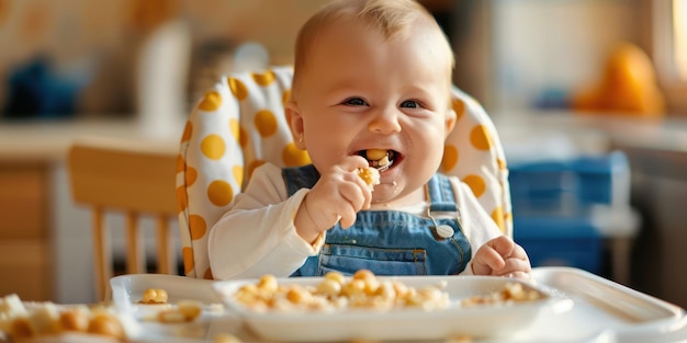 A baby sitting in a high chair and eagerly eating their meal