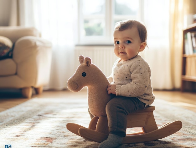 Photo a baby sitting on a rocking horse toy comfortable and spacious home environment natural light advert