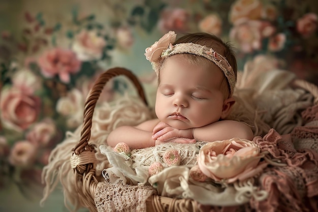 a baby sleeping in a basket with a flowered background