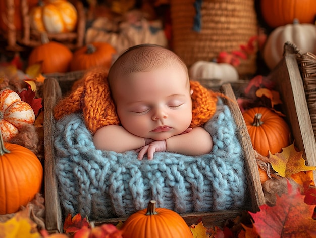 Photo a baby sleeping in a basket with pumpkins and a blue and red blanket