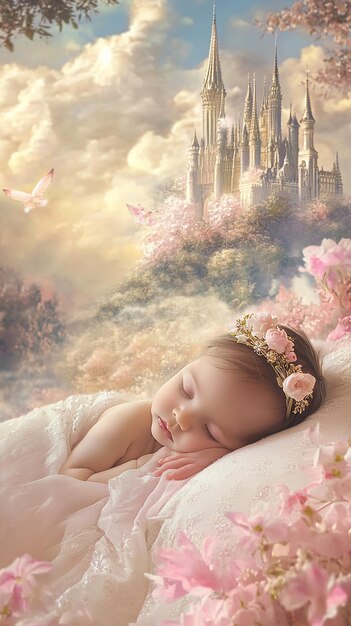 a baby sleeping in a bed with a castle in the background