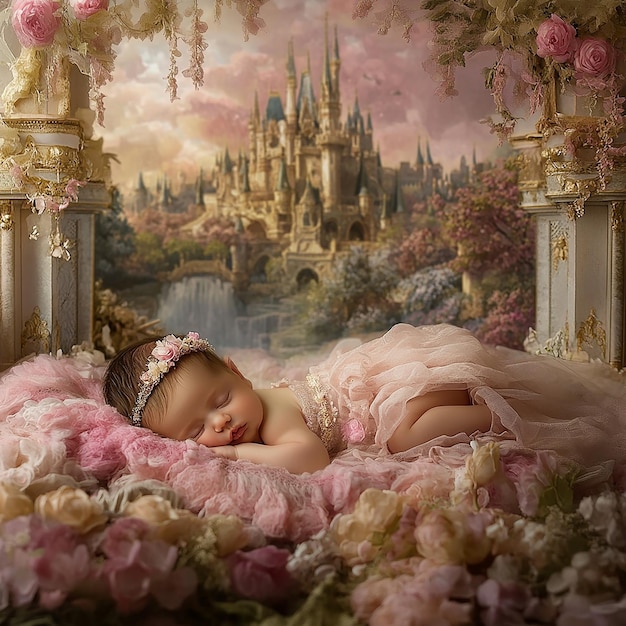 a baby sleeping in a bed with a castle in the background