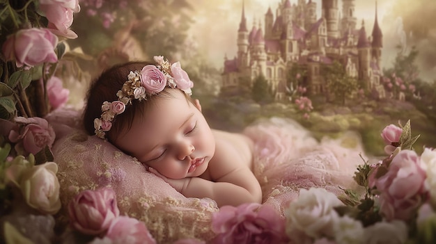 a baby sleeping in a bed with a castle in the background