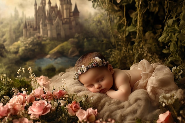 Photo a baby sleeping in a bed with flowers and a castle in the background