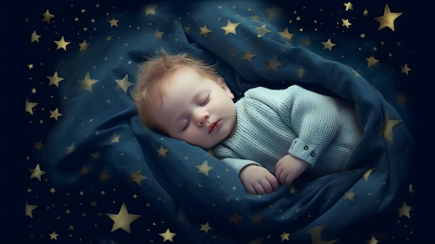 A baby sleeping in a bed with stars on it