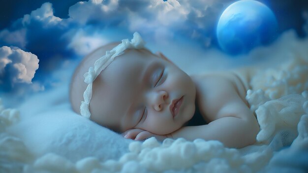 Baby sleeping on a blanket with a blue ball in the background