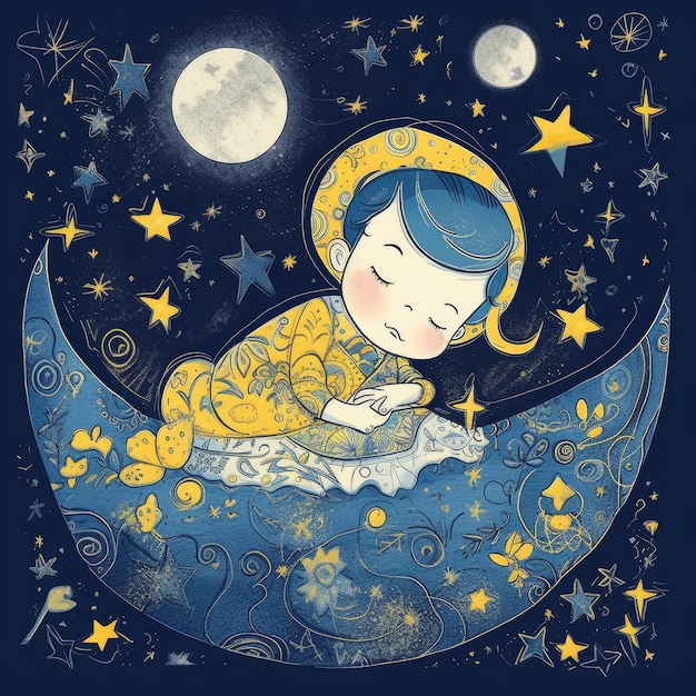 Baby sleeping among blue sky bright moon and stars cartoon with generative ai