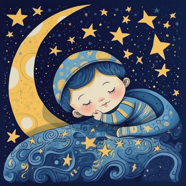 Baby sleeping among blue sky bright moon and stars cartoon with generative ai