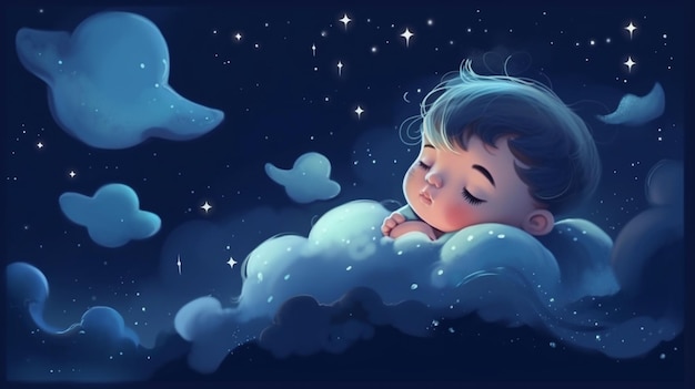 A baby sleeping on a cloud with the moon and stars on it.