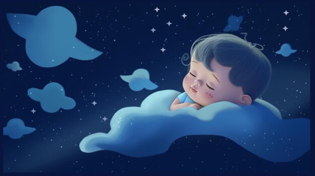 A baby sleeping on a cloud with stars on the background