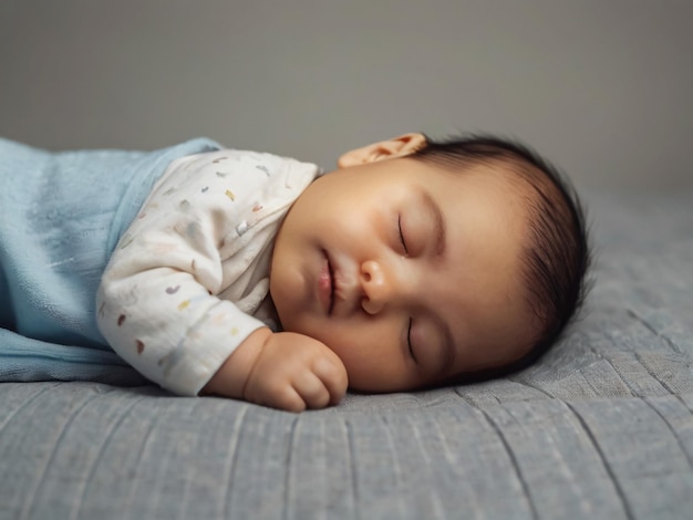 a baby sleeping on a couch with a blue blanket