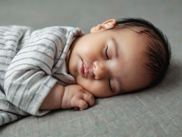 a baby sleeping on a couch with a striped shirt on it