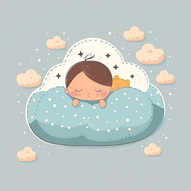 Baby sleeping and dreaming on fluffy cloud on blue background Color illustration Generative AI