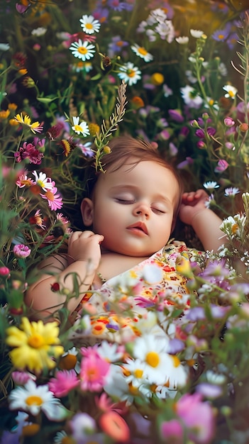 a baby sleeping in a field of flowers