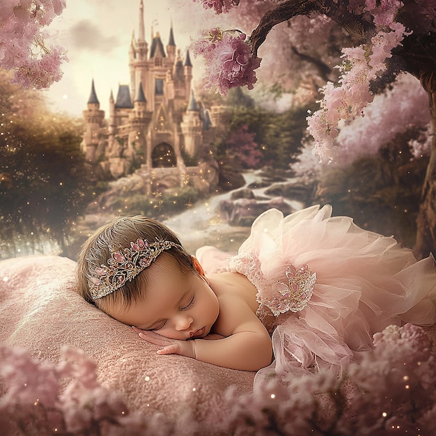 a baby sleeping in front of a castle with a castle in the background