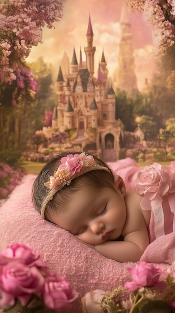 a baby sleeping in front of a castle with a pink flower crown