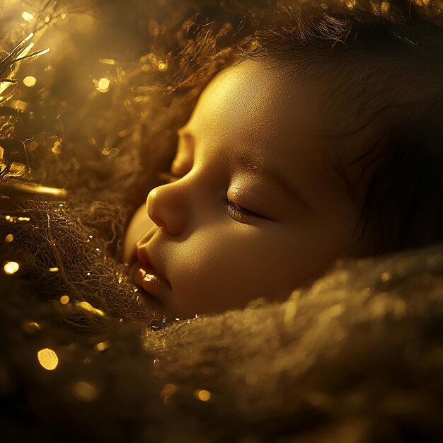 Photo a baby sleeping in a gold tinseled christmas tree