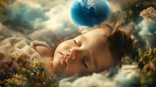 Baby sleeping in the grass with a blue ball