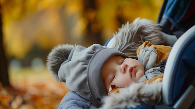 Baby sleeping peacefully in a stroller surrounded by autumn leaves