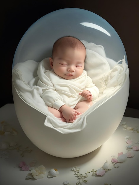 Baby sleeping in a plaster cast of mother's belly