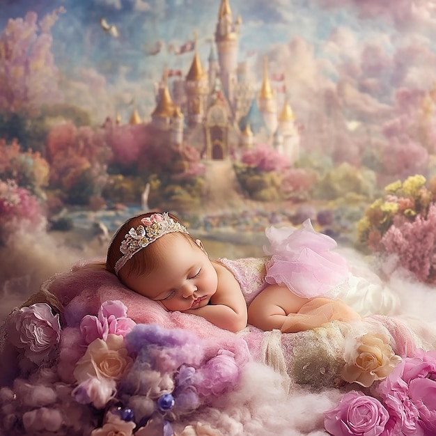 a baby sleeping in a princess blanket with a castle in the background