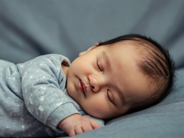 a baby sleeping with his eyes closed and a blue shirt on