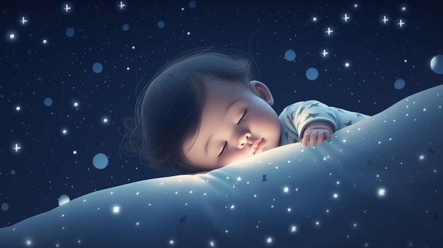 A baby sleeps on a bed with stars on the background.