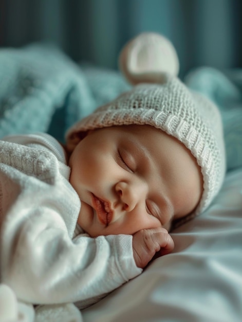 A baby sleeps peacefully on a bed wearing a cozy knitted hat