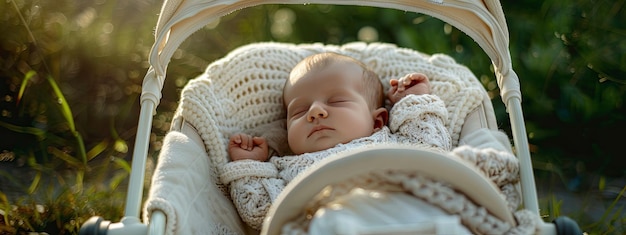 the baby sleeps in the stroller Selective focus