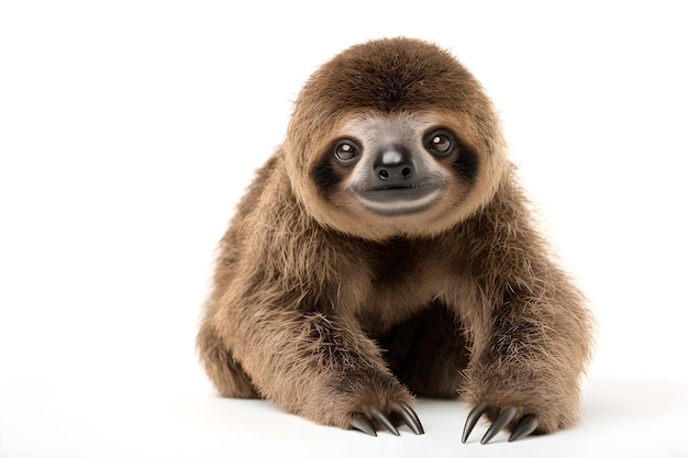 A baby sloth is laying on a white background.