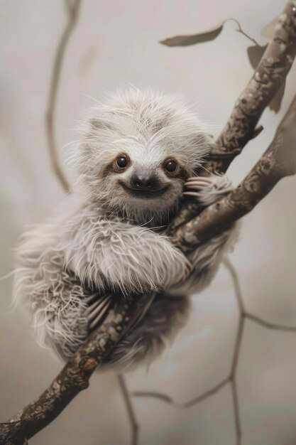 A baby sloth perches with bright eyes and a spirited expression